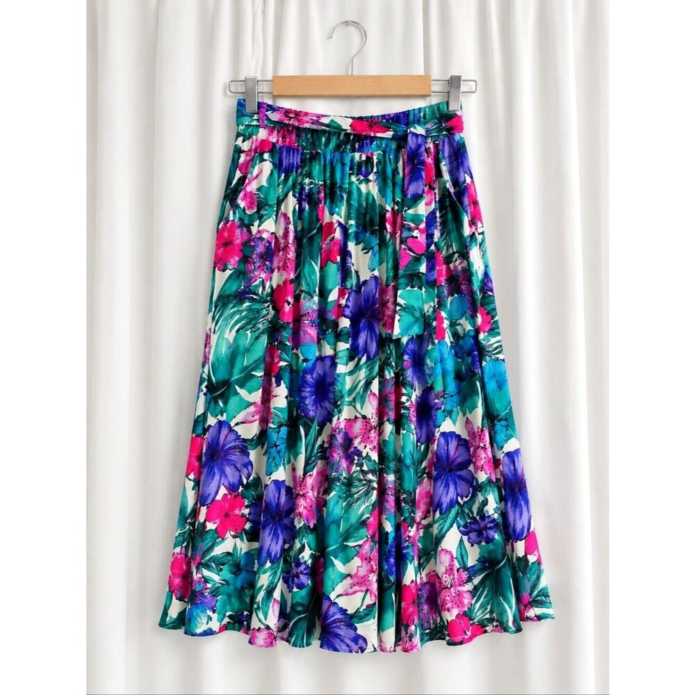Vintage Brooks Brothers Rare Tropical Floral Print Pleated Pull On Midi Skirt